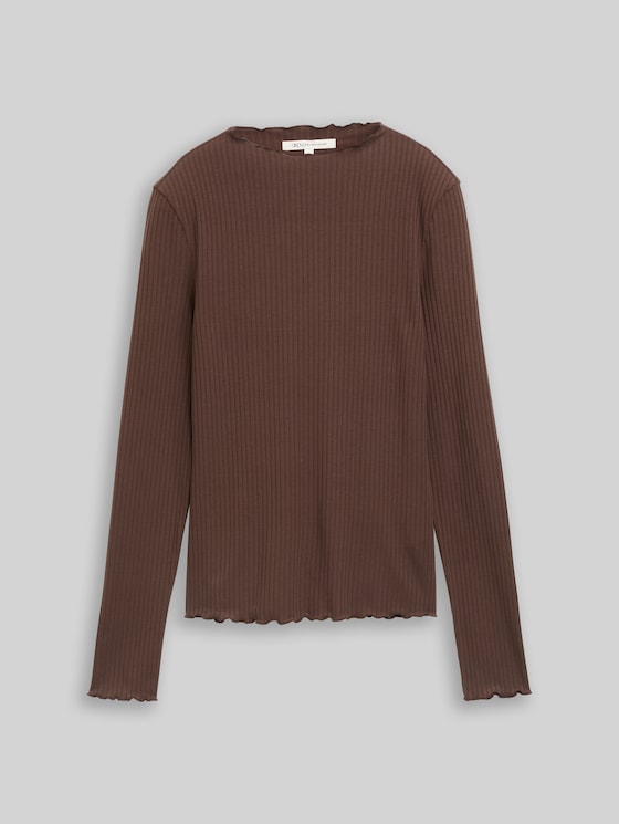 Long-sleeved T-shirt with ribbed texture - cool dark brown