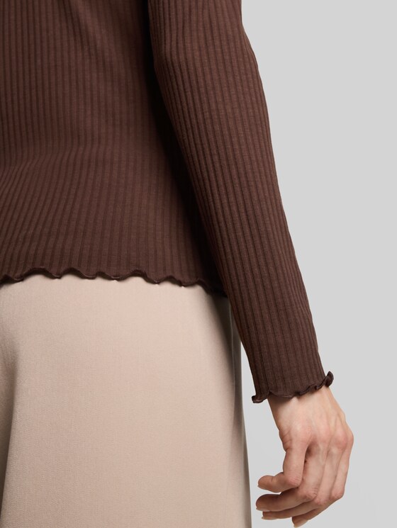 Long-sleeved T-shirt with ribbed texture - cool dark brown