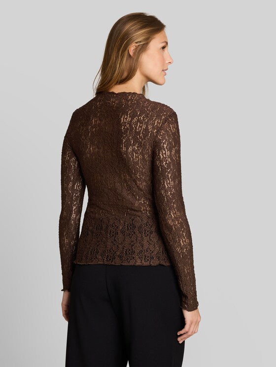 Slim-fit long-sleeved top in lace - cool dark brown