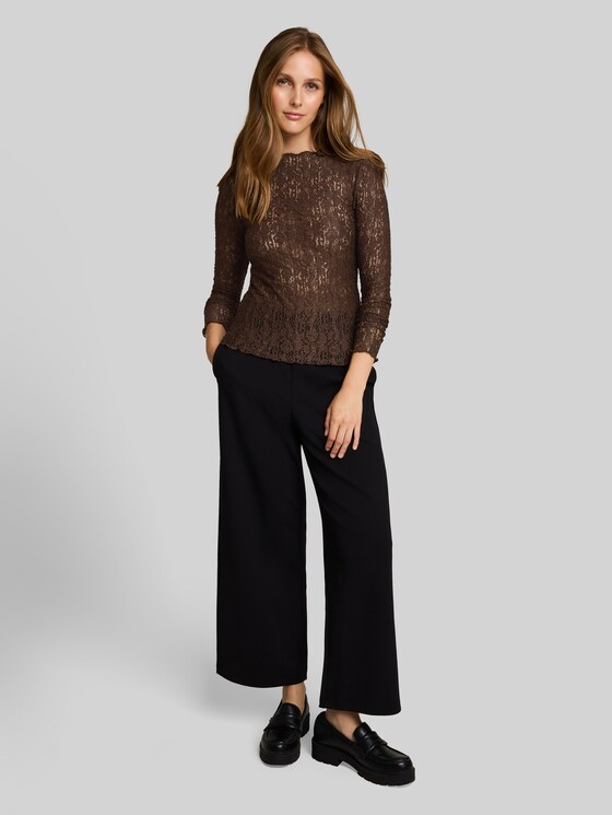 Slim-fit long-sleeved top in lace - cool dark brown