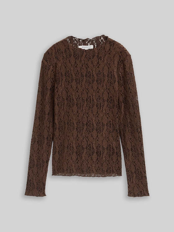 Slim-fit long-sleeved top in lace - cool dark brown