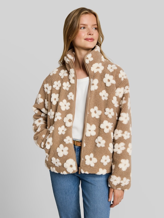 Teddy jacket with floral pattern - brown teddy flower artwork