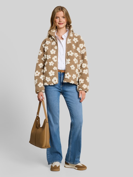 Teddy jacket with floral pattern - brown teddy flower artwork