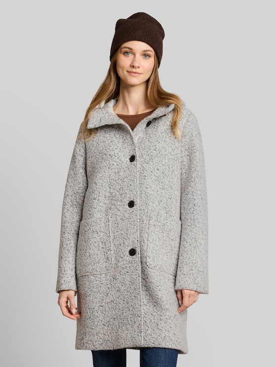 Bouclé wool coat with hood - white black boucle