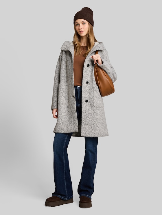 Bouclé wool coat with hood - white black boucle