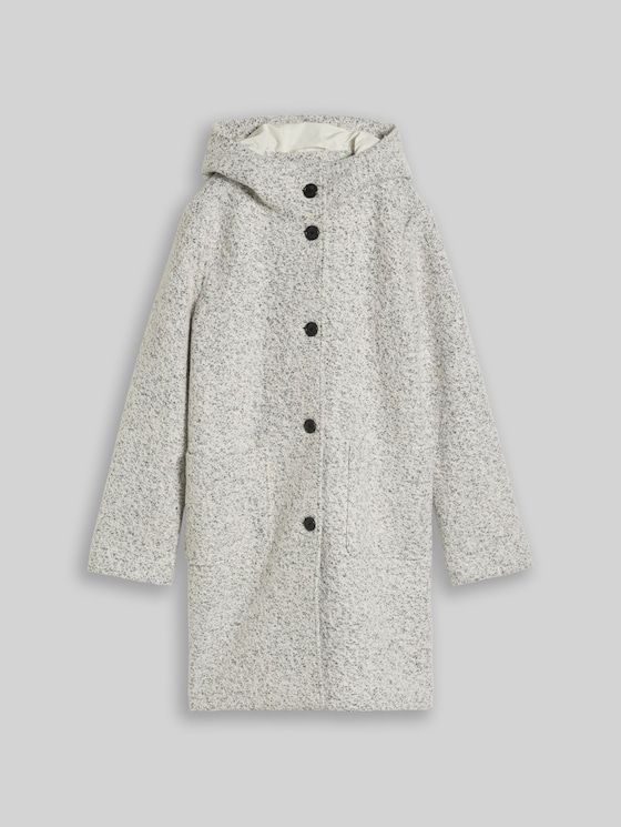 Bouclé wool coat with hood - white black boucle