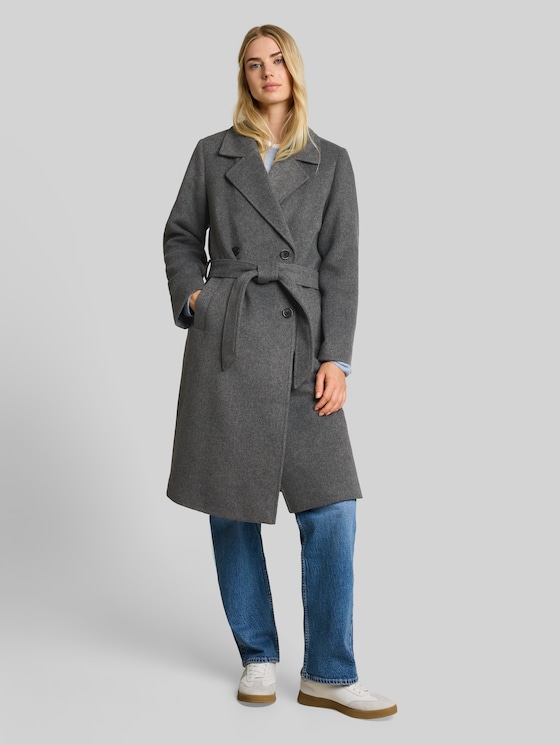 Loose-fit coat with belt - dark coal grey melange