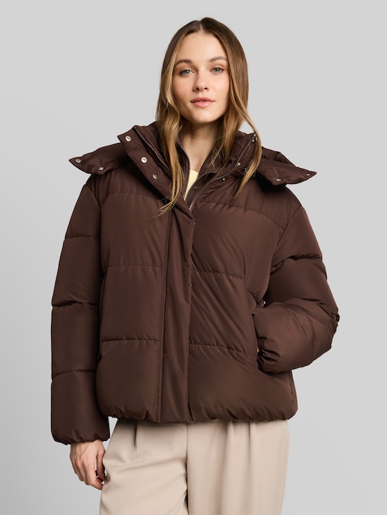 Puffer jacket with detachable hood - cool dark brown