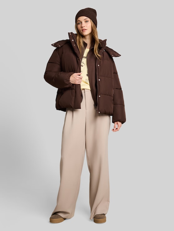 Puffer jacket with detachable hood - cool dark brown