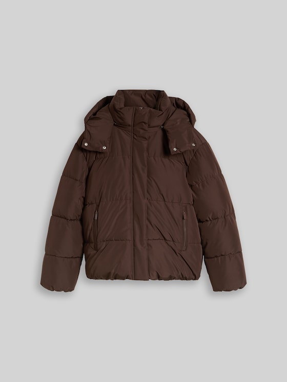 Puffer jacket with detachable hood - cool dark brown