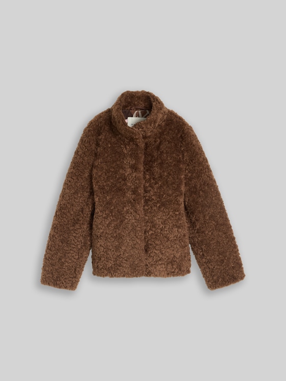 Faux fur jacket with stand-up collar - camel