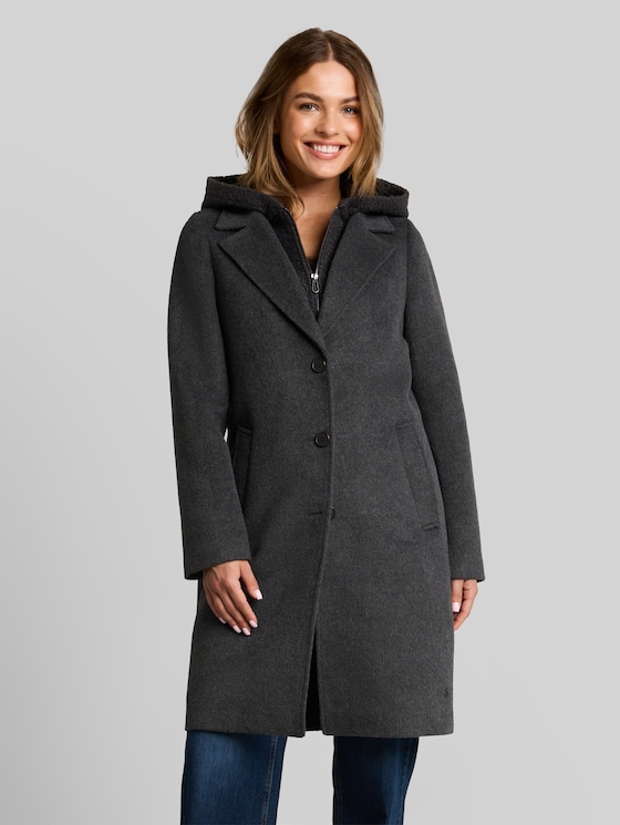 2-in-1 woollen coat with detachable insert - Black Grey Melange