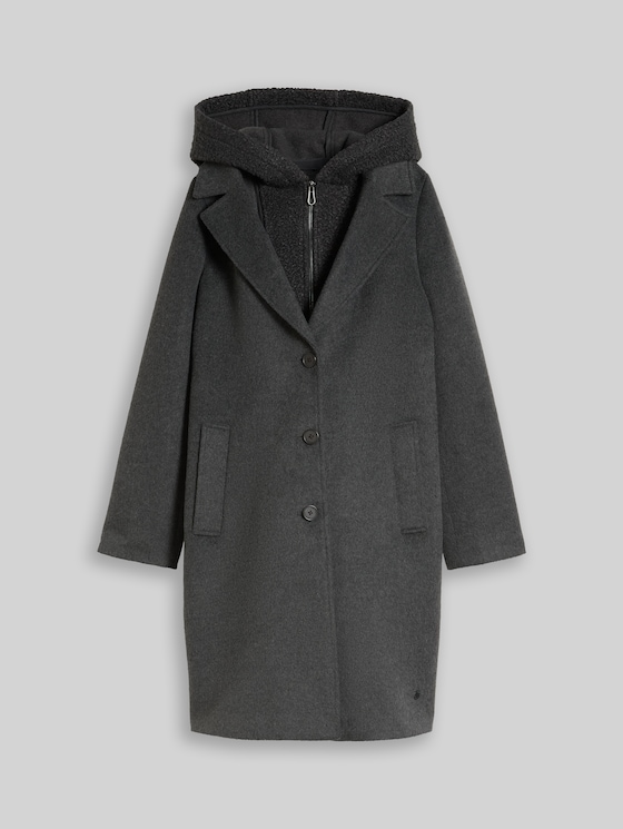 2-in-1 woollen coat with detachable insert - Black Grey Melange