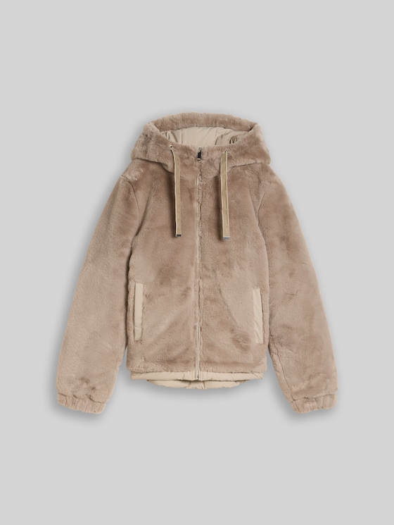 2-in-1 faux fur jacket with reversible design - soft taupe grey