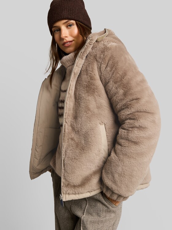2-in-1 faux fur jacket with reversible design - soft taupe grey