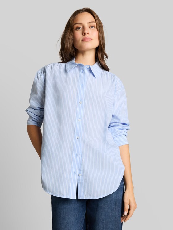 Loose-fit poplin shirt-blouse - mid blue white stripe