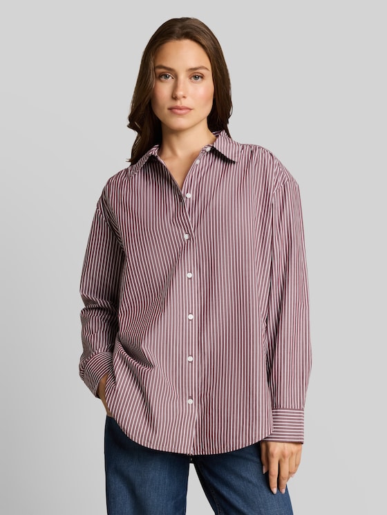 Loose-fit poplin shirt-blouse - preppy plum white stripe