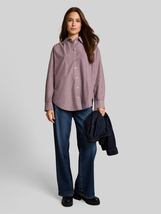 Loose-fit poplin shirt-blouse - preppy plum white stripe