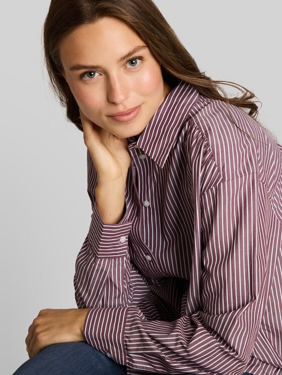 Loose-fit poplin shirt-blouse - preppy plum white stripe