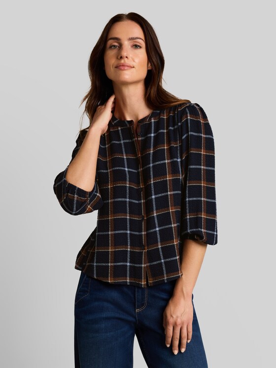 Seersucker blouse with a checked pattern - navy camel beige check