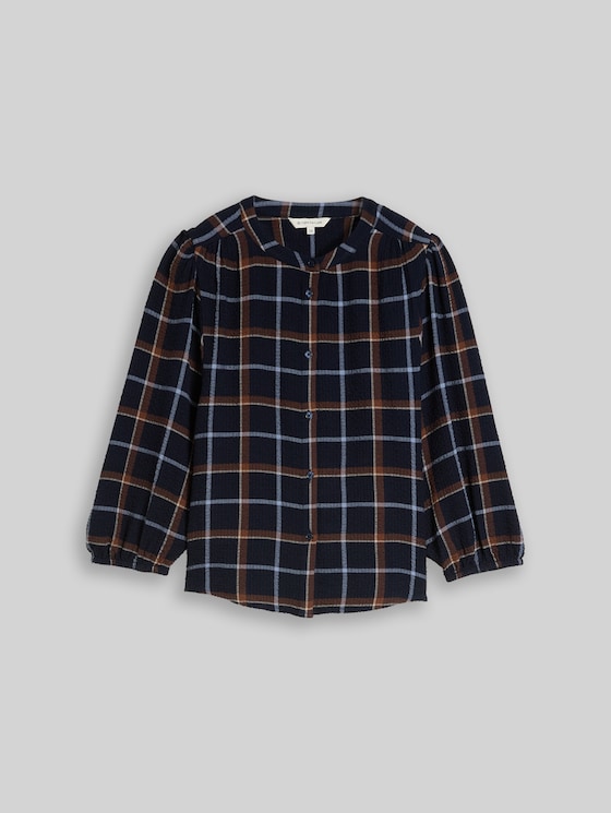 Seersucker blouse with a checked pattern - navy camel beige check