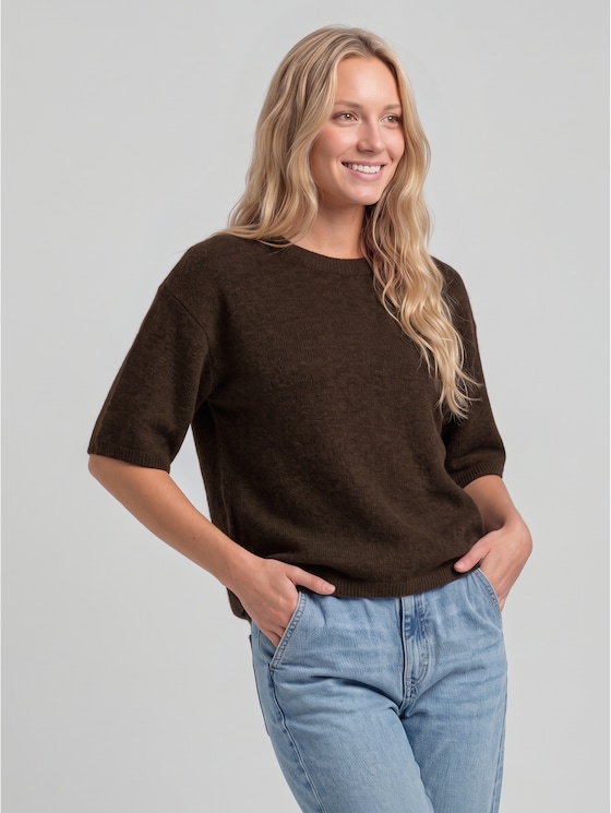 Lightweight knitted jumper with alpaca blend - cool dark brown melange