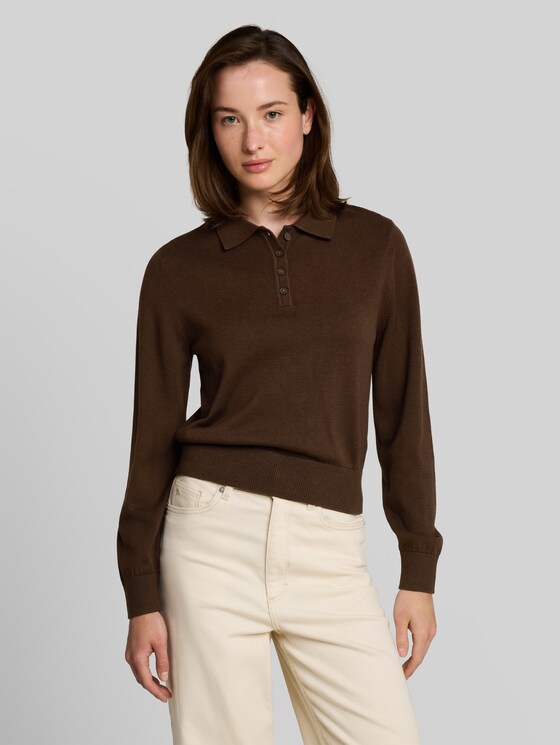 Knitted jumper with polo collar - cool dark brown