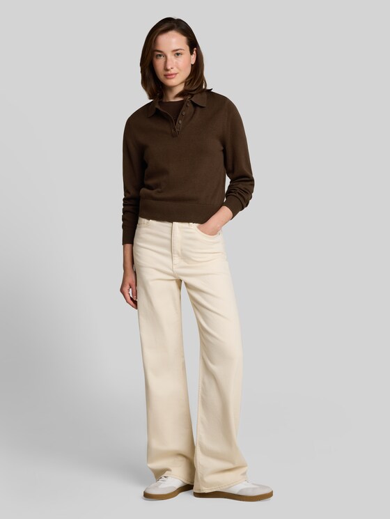 Knitted jumper with polo collar - cool dark brown