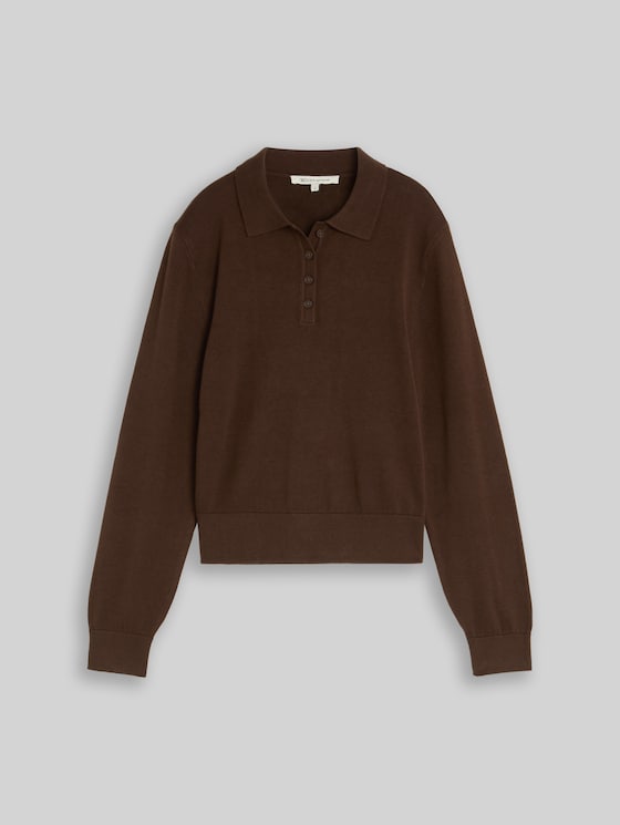 Knitted jumper with polo collar - cool dark brown