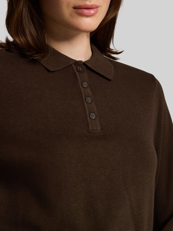 Knitted jumper with polo collar - cool dark brown