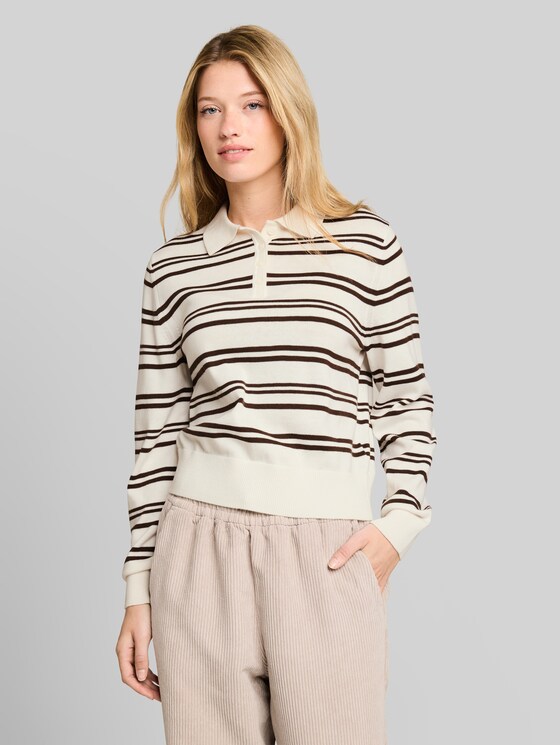 Knitted jumper with polo collar - offwhite brown stripe