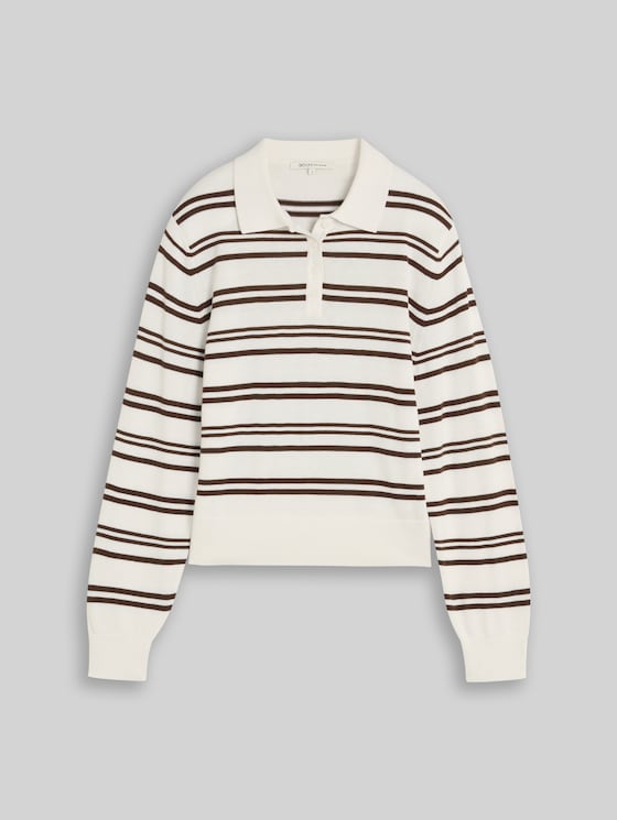 Knitted jumper with polo collar - offwhite brown stripe