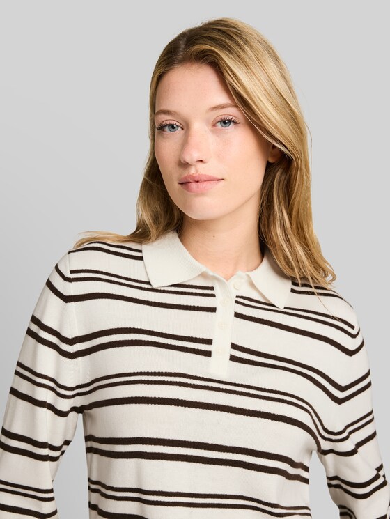 Knitted jumper with polo collar - offwhite brown stripe