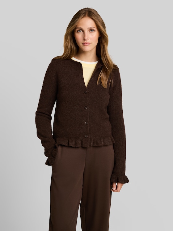 Cosy cardigan with ruffles - cool dark brown melange