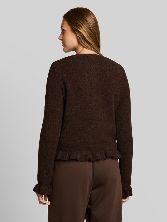 Cosy cardigan with ruffles - cool dark brown melange
