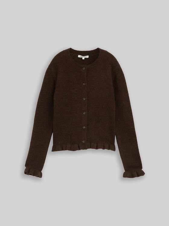 Cosy cardigan with ruffles - cool dark brown melange