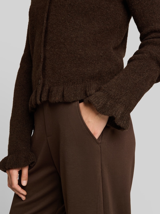 Cosy cardigan with ruffles - cool dark brown melange