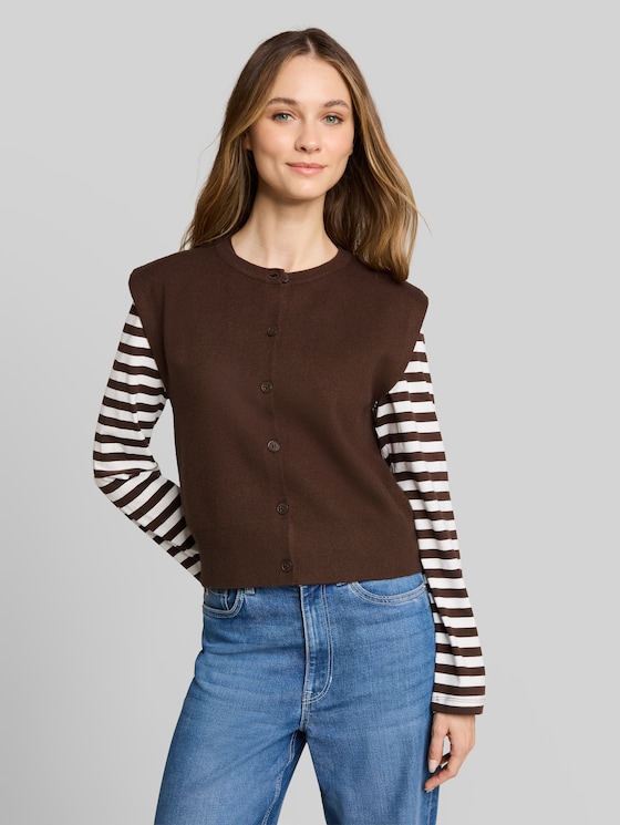 Relaxed-fit knitted waistcoat with button placket - cool dark brown melange