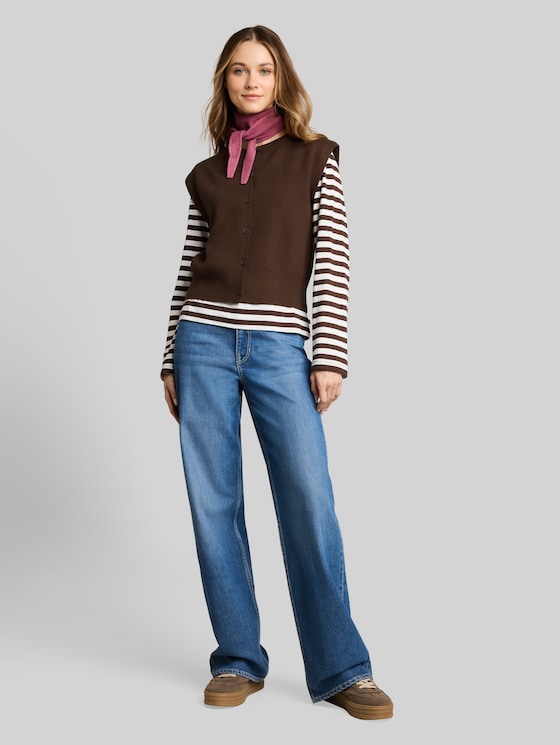 Relaxed-fit knitted waistcoat with button placket - cool dark brown melange