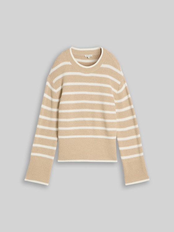 Oversized knitted jumper with a striped pattern - beige melange white stripe