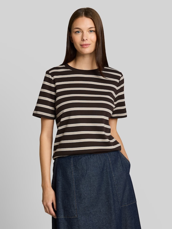 Cotton T-shirt - brown beige irregular stripe