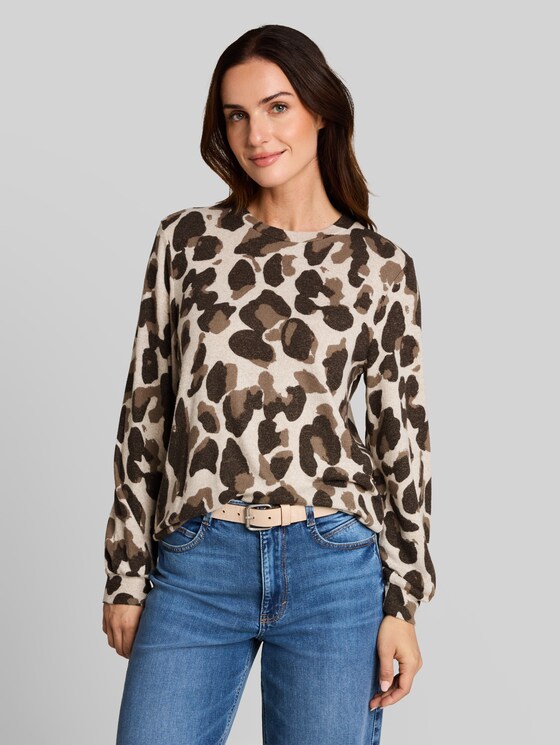 Cosy long-sleeved top with a pattern - beige melange brown  leo print