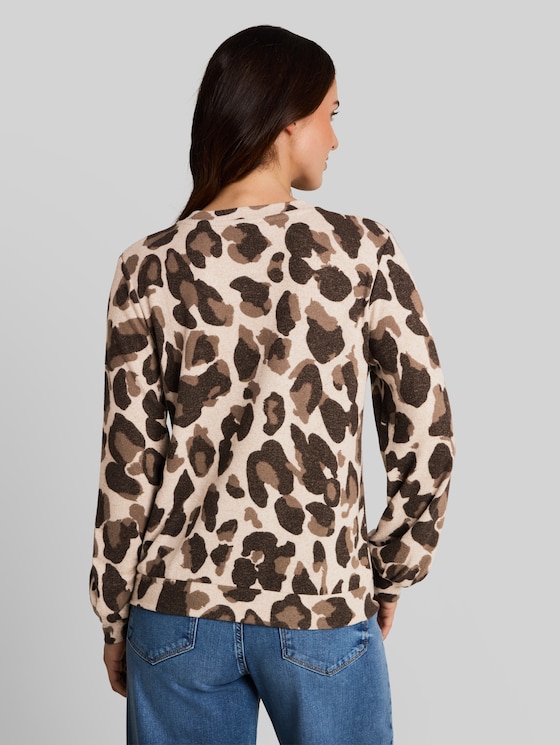 Cosy long-sleeved top with a pattern - beige melange brown  leo print