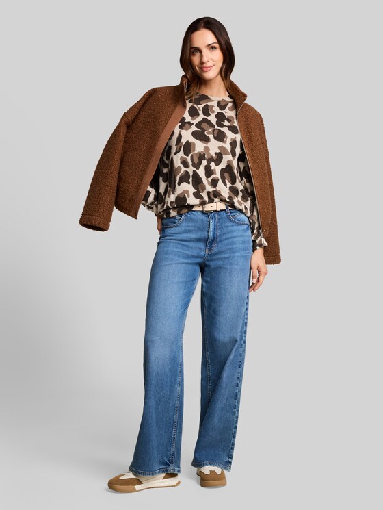 Cosy long-sleeved top with a pattern - beige melange brown  leo print