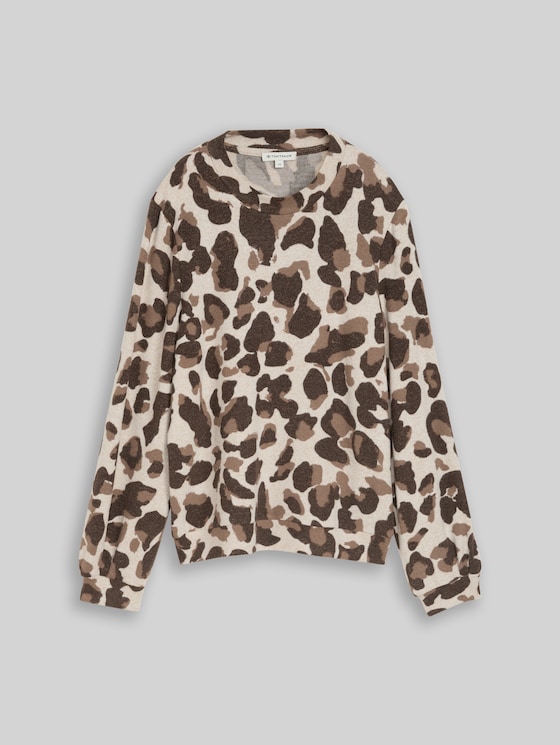 Cosy long-sleeved top with a pattern - beige melange brown  leo print
