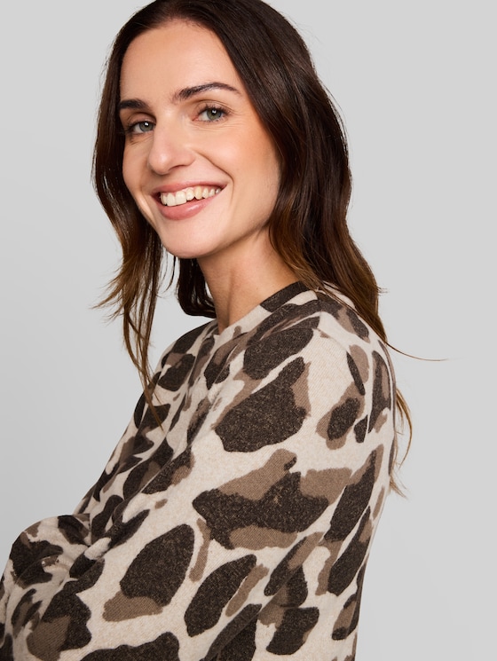 Cosy long-sleeved top with a pattern - beige melange brown  leo print