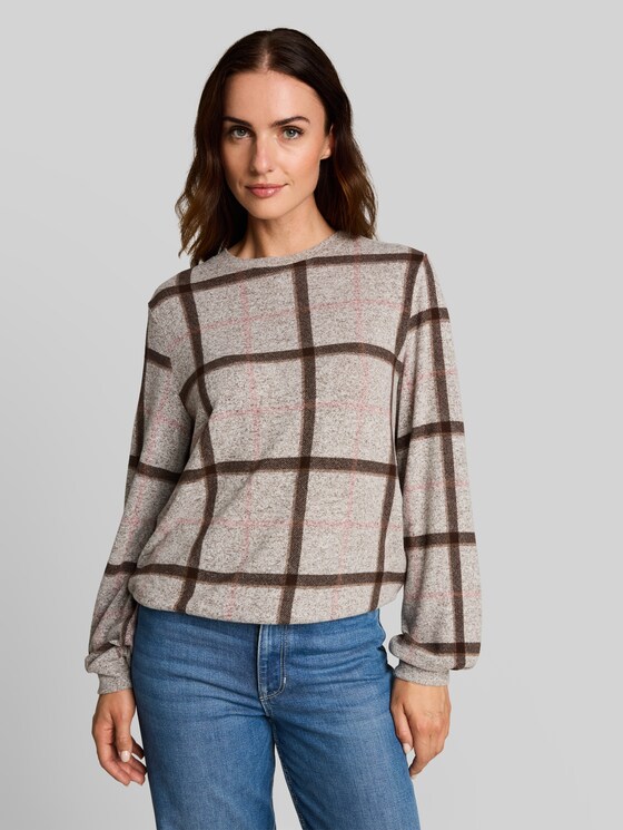 Cosy long-sleeved top with a pattern - brown melange check