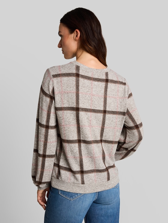 Cosy long-sleeved top with a pattern - brown melange check