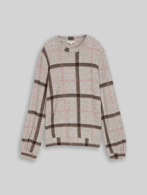 Cosy long-sleeved top with a pattern - brown melange check