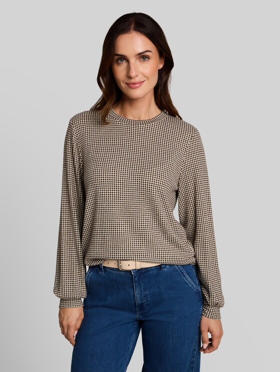 Cosy long-sleeved top with a pattern - brown dot on beige melange